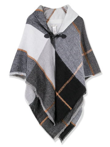 Grey Plaid Toggle Poncho Wrap